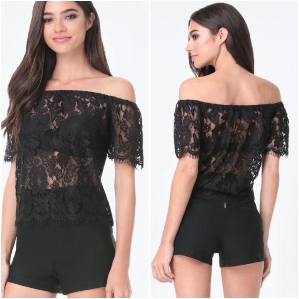 Bebe Black Lace Tied Off Shoulder Top